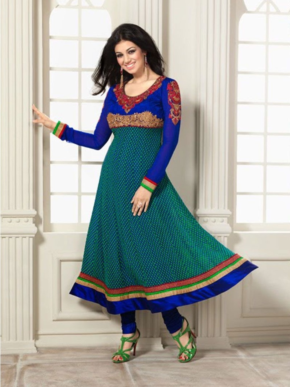 Royal Blue and Green Embroidered Formal Anarkali Dress